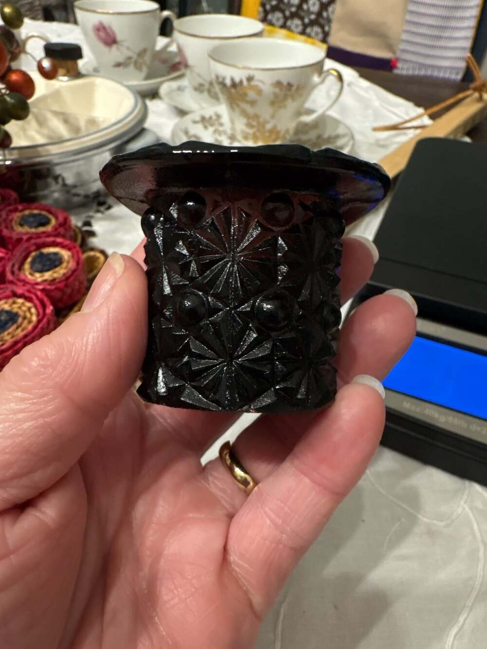 Vintage Amberina Glass Top Hat Toothpick Holder Starburst Pattern